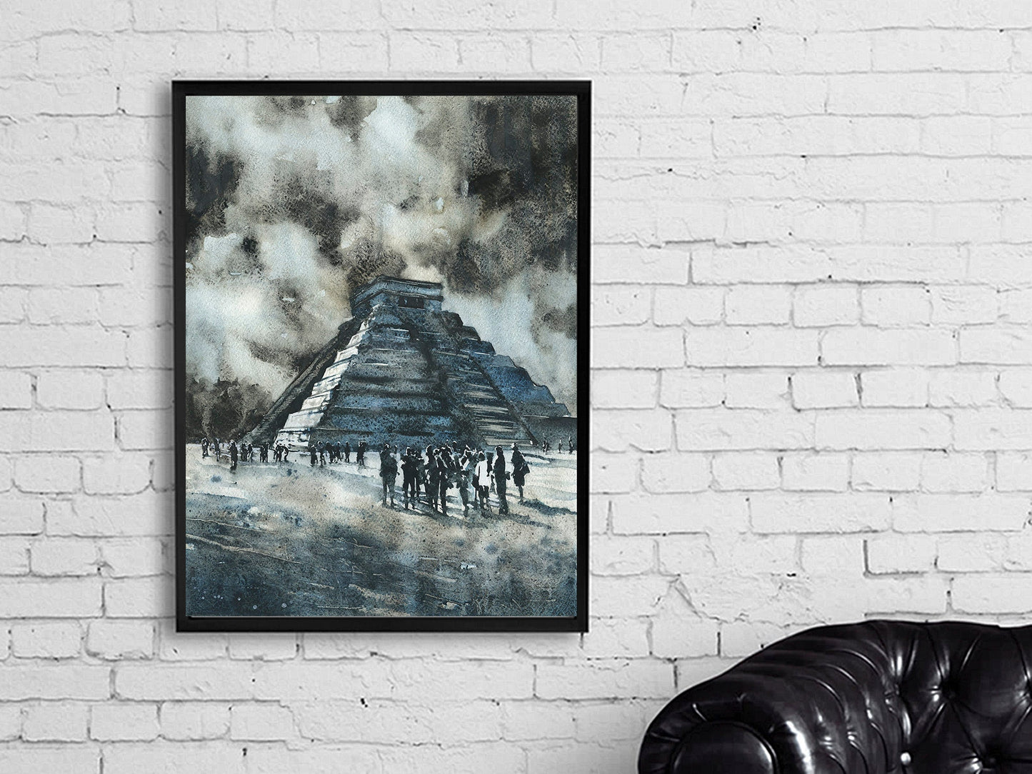 Beautiful watercolor art of Chichen Itza’s famous pyramid, El Castillo, bathed in warm sunlight and deep sky blues—ideal as a home decor gift for alumni or graduates.