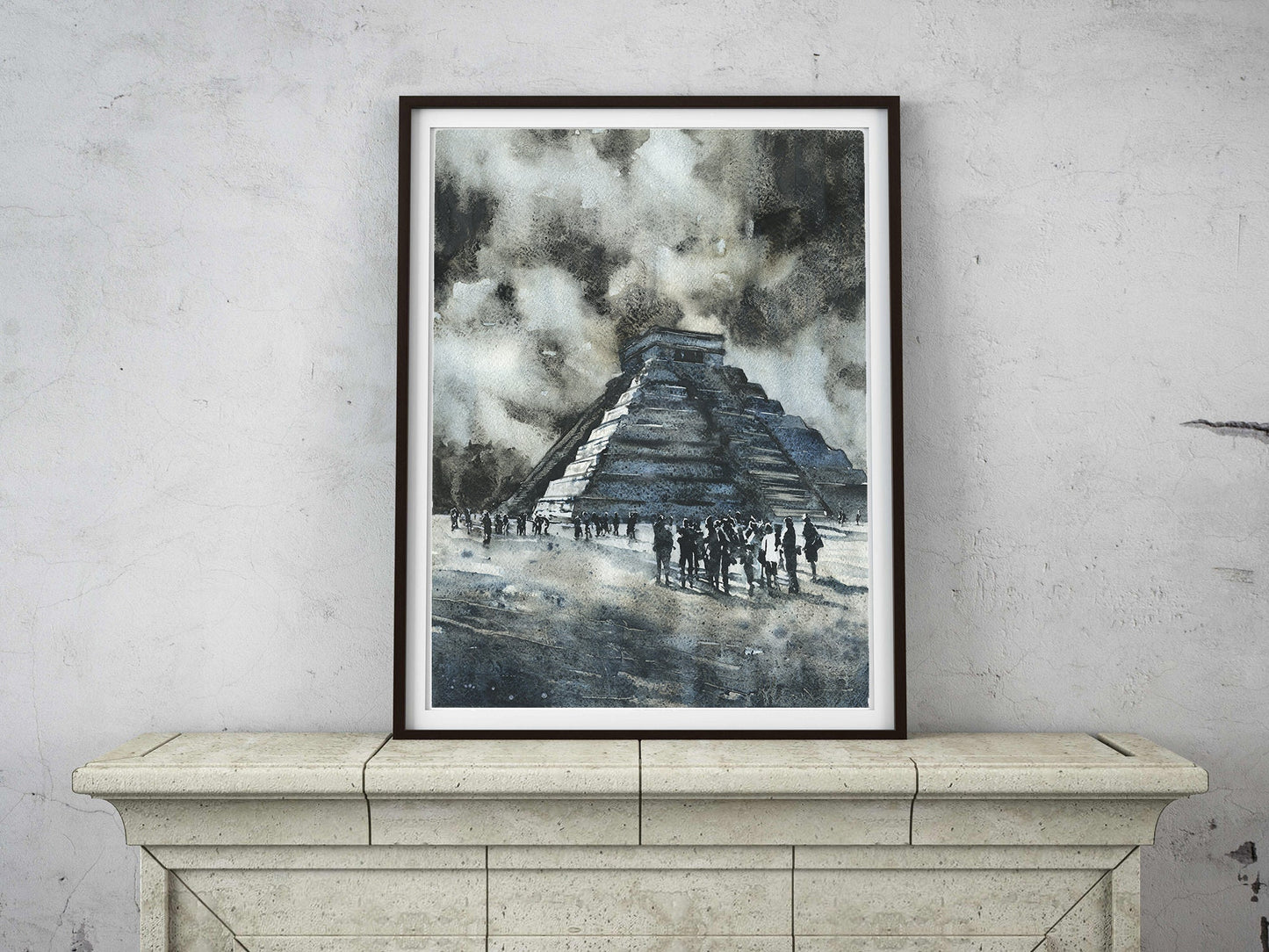 Detailed watercolor painting of Mayan ruins at Chichen Itza, Yucatan, Mexico, featuring El Castillo with colorful brush strokes—makes a great educational or travel-themed gift.