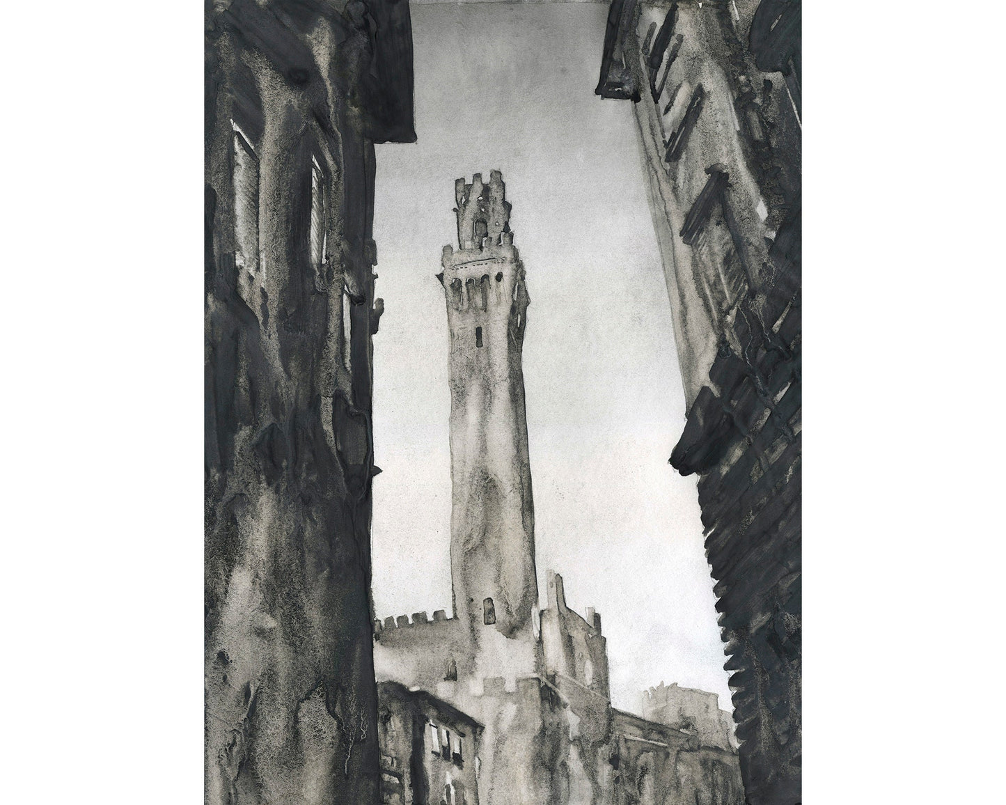 Siena, Italy tower. Torre del Mangia in medieval city of Siena, Italy artwork. Siena painting watercolor fine art Italy Tuscany (print)