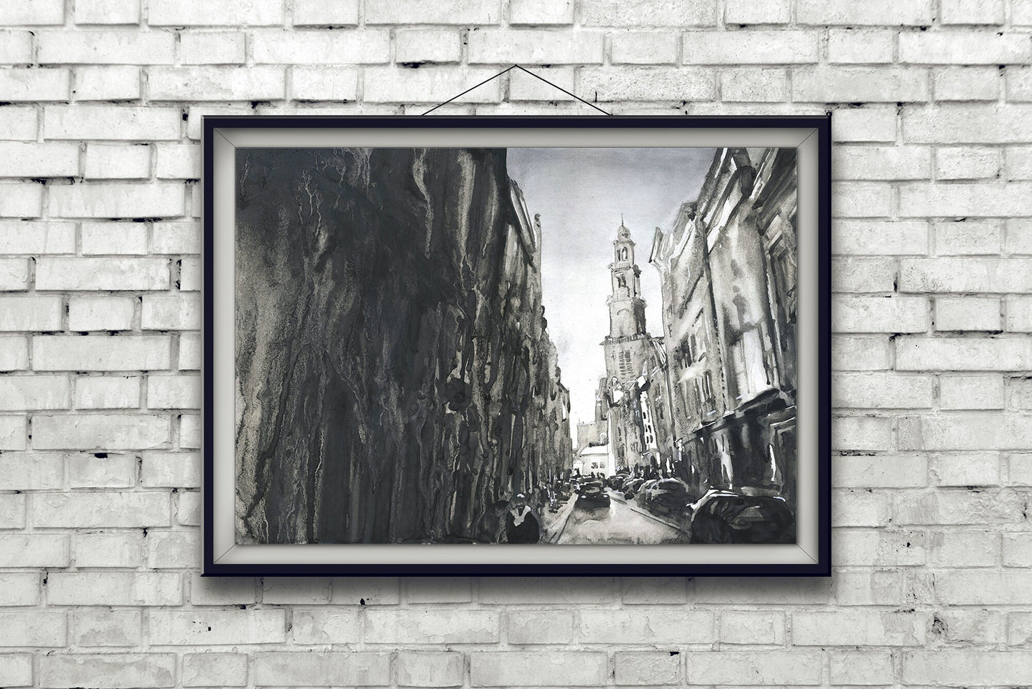 Iglesia que se eleva sobre los edificios de Amsterdam, Países Bajos. Obra monocromática en blanco y negro Pintura del horizonte de Ámsterdam Obra de arte en blanco y negro (impresión)
