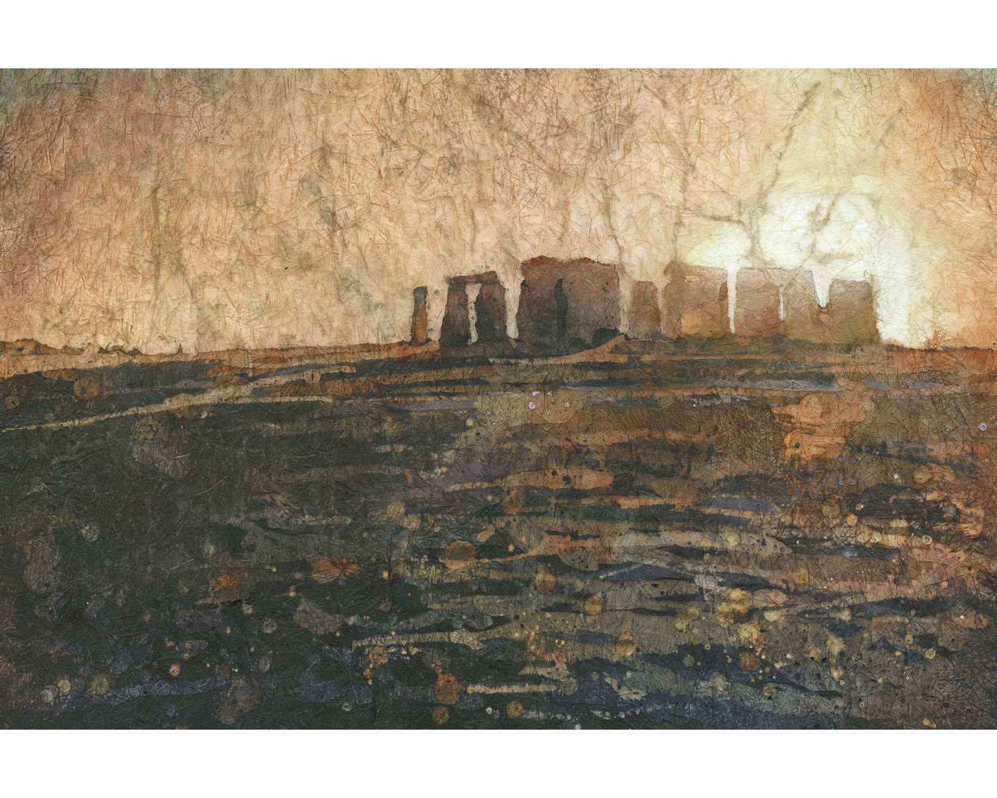 Ruinas de Stonehenge en la campiña británica al atardecer. Obras de arte de Stonehenge pintura de bellas artes acuarela batik obras de arte Ruinas de Stonehenge (impresión)