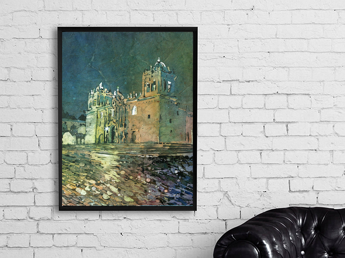 Catedral de Cusco en la Plaza de Armas al atardecer- Perú. Catedral en la Plaza de Armas Pintura acuarela inca Perú obra de arte batik (impresión)