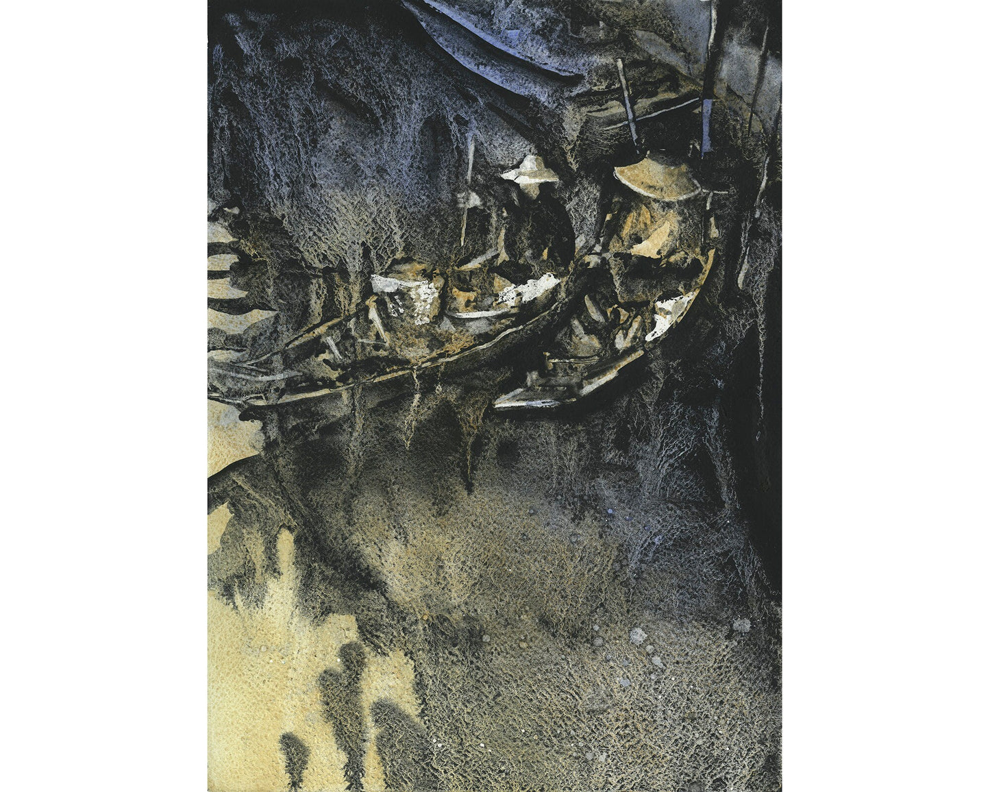 B&W painting of Floating Market in Bangkok, Thailand. Monochromatic artwork Asia floating market boats on river