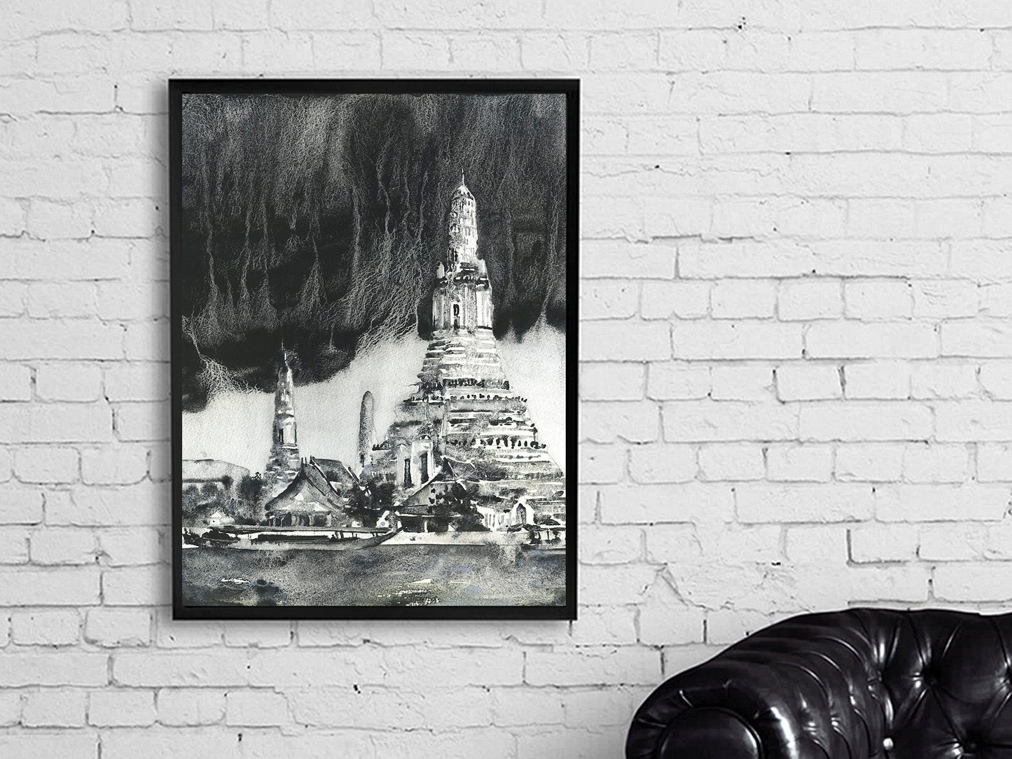 Wat Arun in Bangkok, Thailand watercolor painting.  B&W art of Wat Arun Thailand temple artwork Bangkok city monochromatic painting (original)