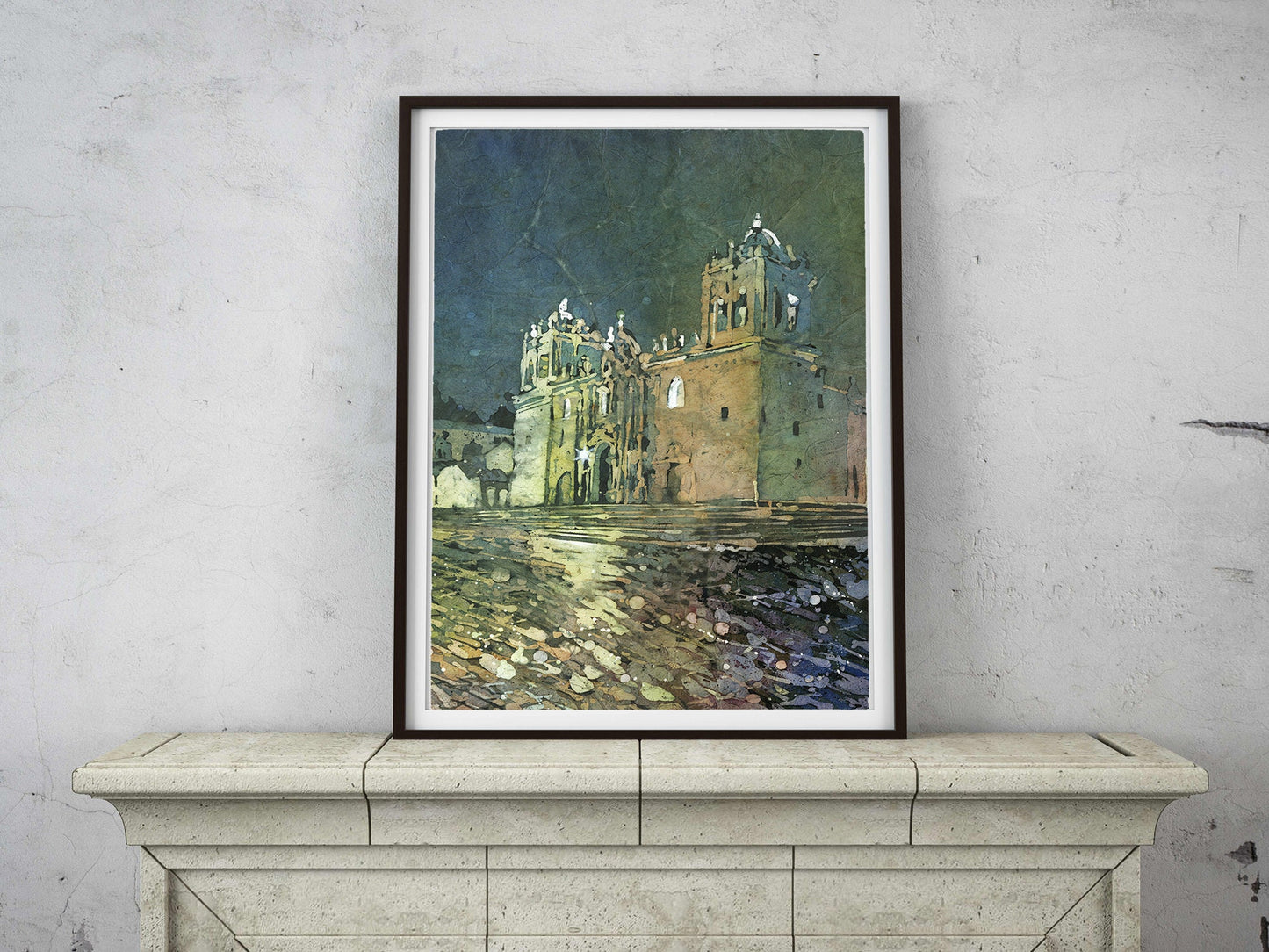Catedral de Cusco en la Plaza de Armas al atardecer- Perú. Catedral en la Plaza de Armas Pintura acuarela inca Perú obra de arte batik (impresión)