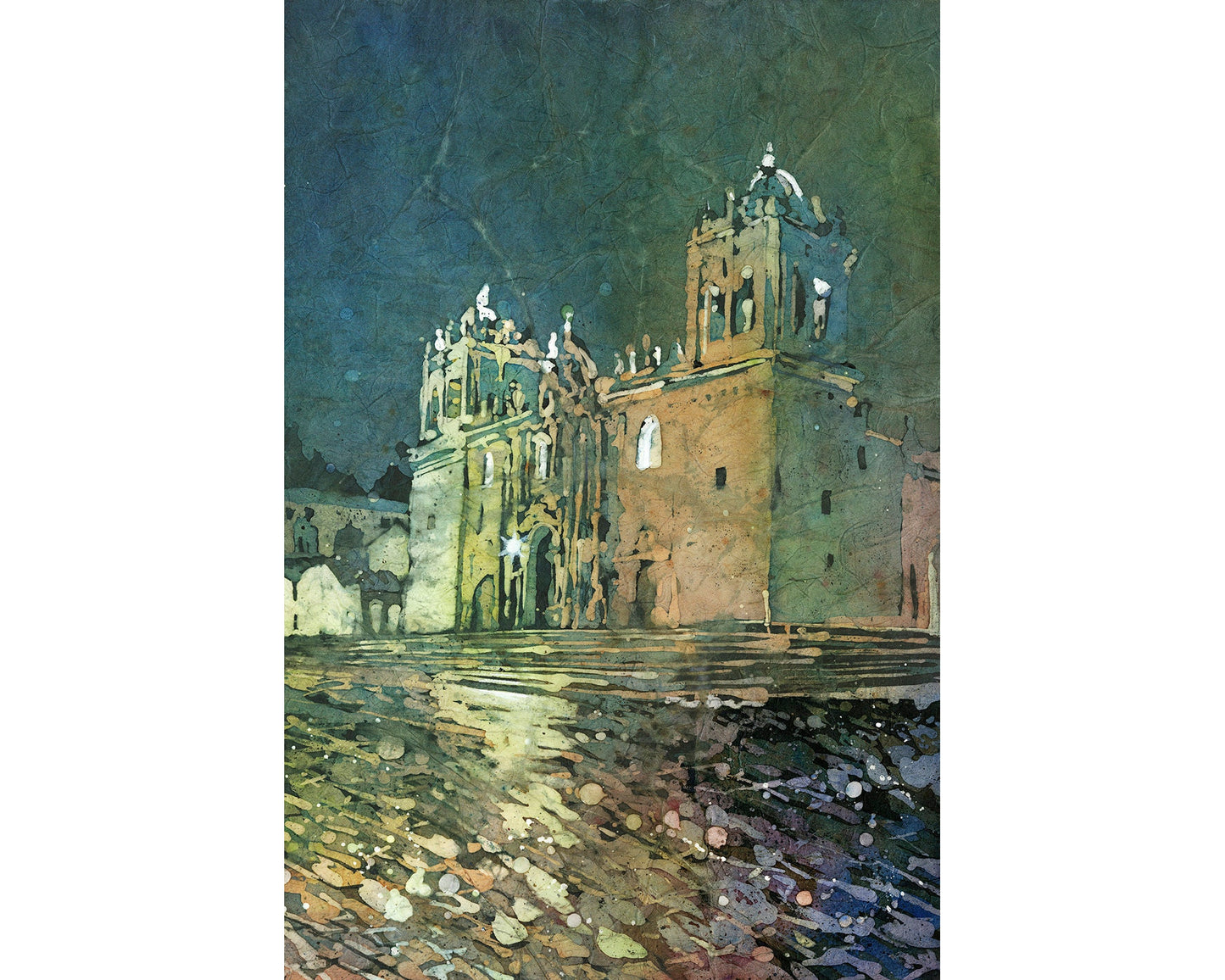 Catedral de Cusco en la Plaza de Armas al atardecer- Perú. Catedral en la Plaza de Armas Pintura acuarela inca Perú obra de arte batik (impresión)