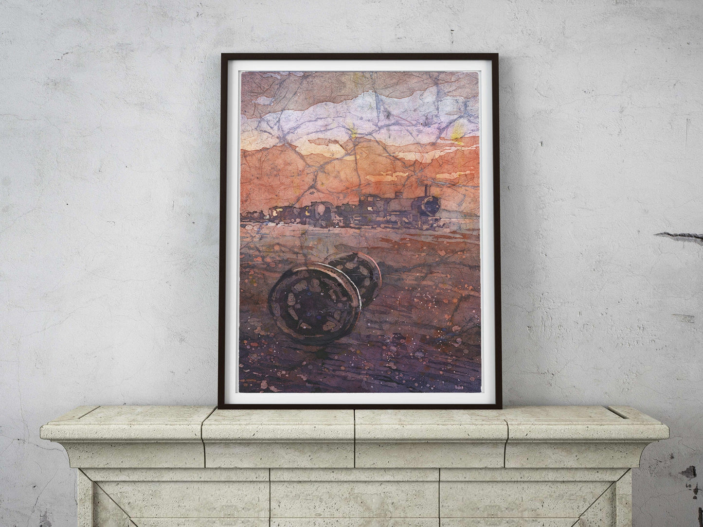 Train Cemetery in the Salar de Uyuni, Bolivia. Train artwork Cemeterio de Trenes. Train artwork watercolor batik painting Bolivia orange