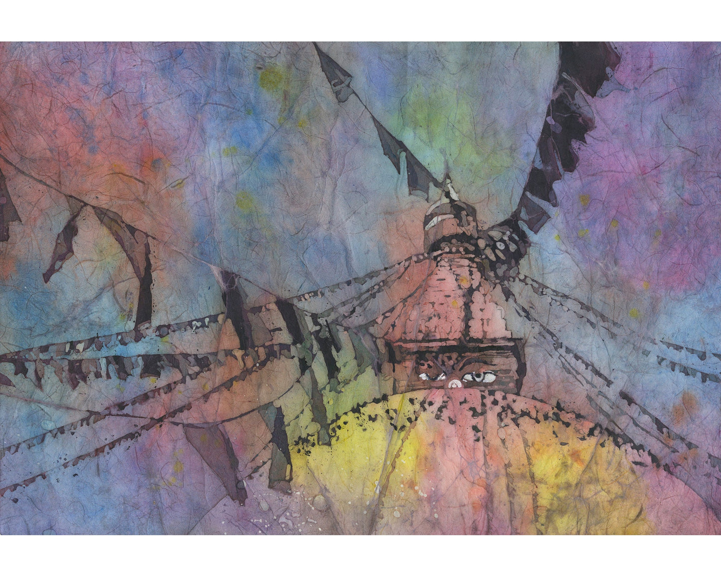 Boudhannath Buddhist stupa in the Kathmandu Valley at sunrise. Watercolor painting of Nepalese Buddhist stupa and prayer flags Nepal art (print)