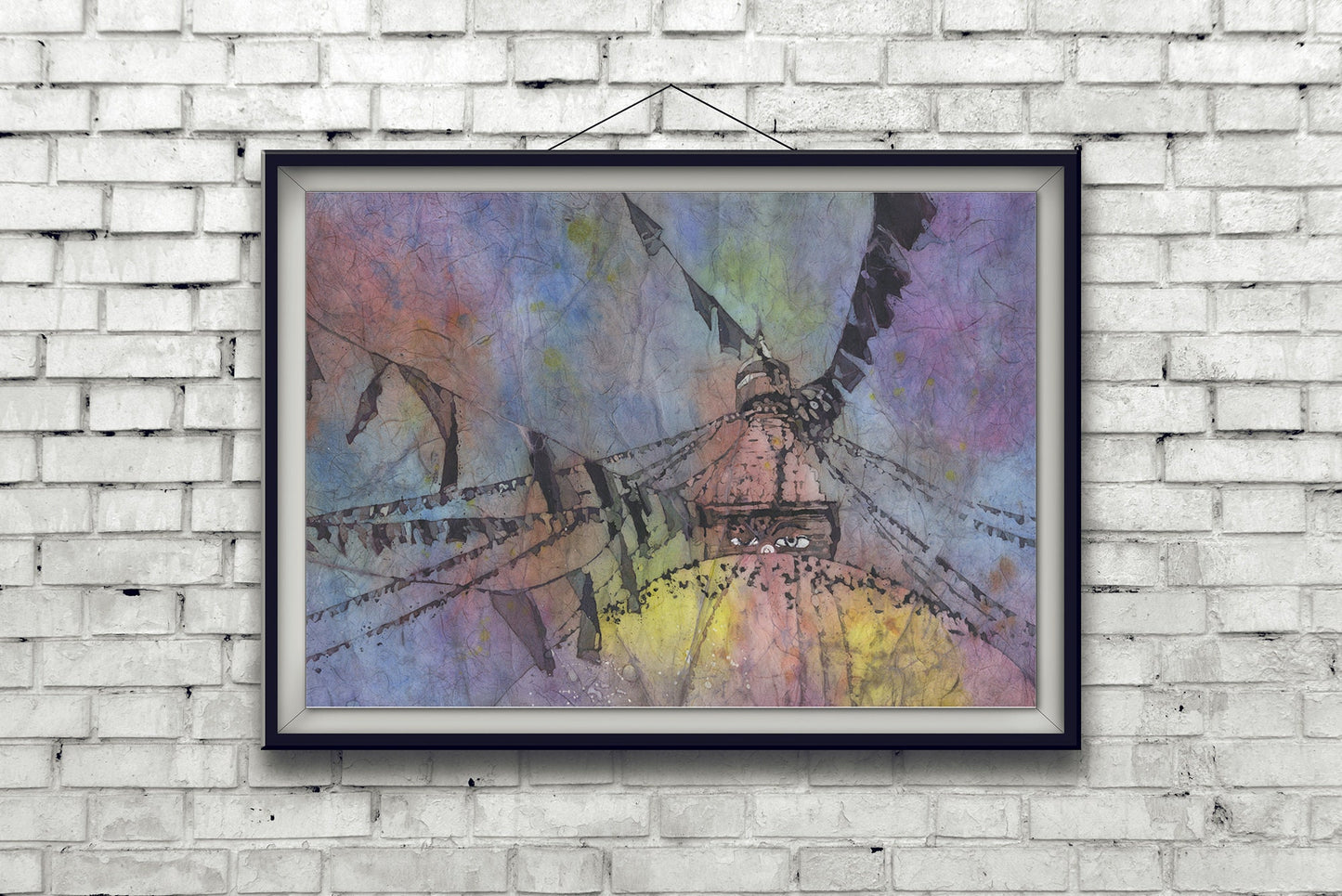 Boudhannath Buddhist stupa in the Kathmandu Valley at sunrise. Watercolor painting of Nepalese Buddhist stupa and prayer flags Nepal art (print)