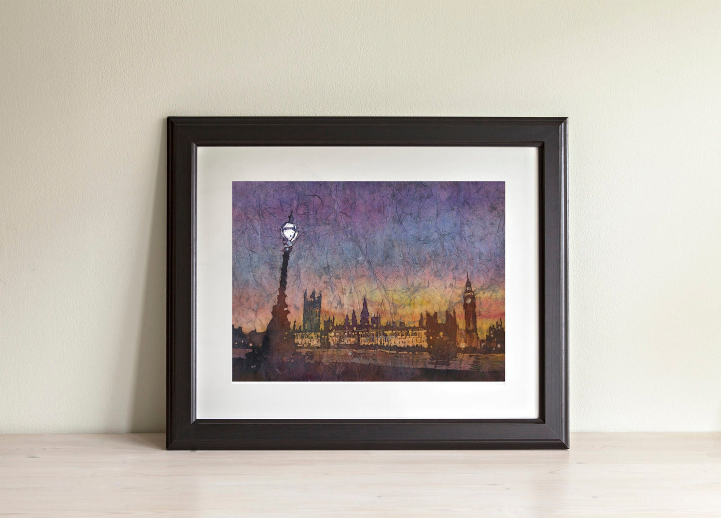 Big Ben (clock of Elizabeth Tower) of Houses of Parliament silhouetted on banks of River Thames- London, United Kingdom. Big Ben artwork (print)