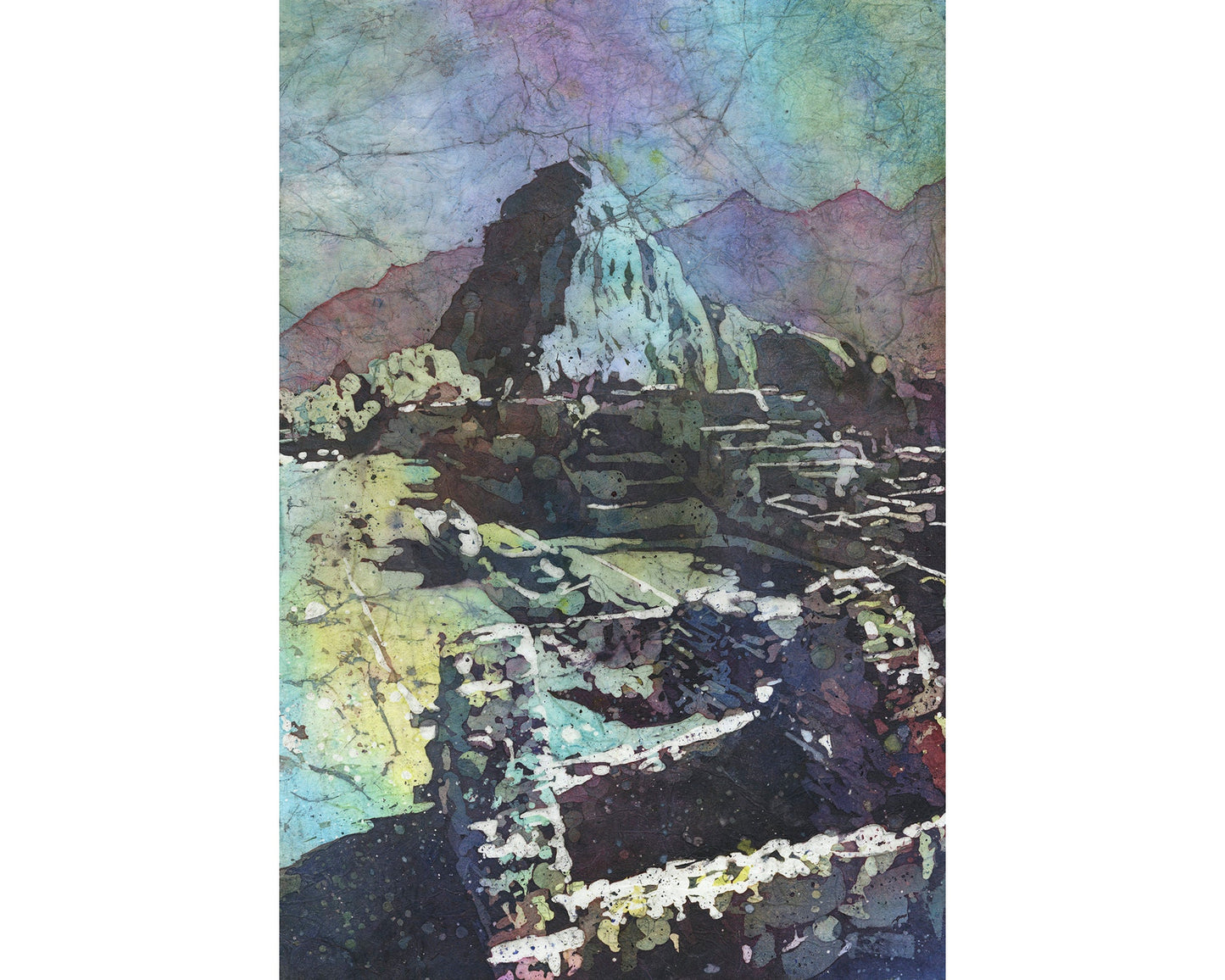 Vivid watercolor scene of historic Incan ruins as viewed from high above in Peru’s Sacred Valley—suitable for elegant interior decor or office space.