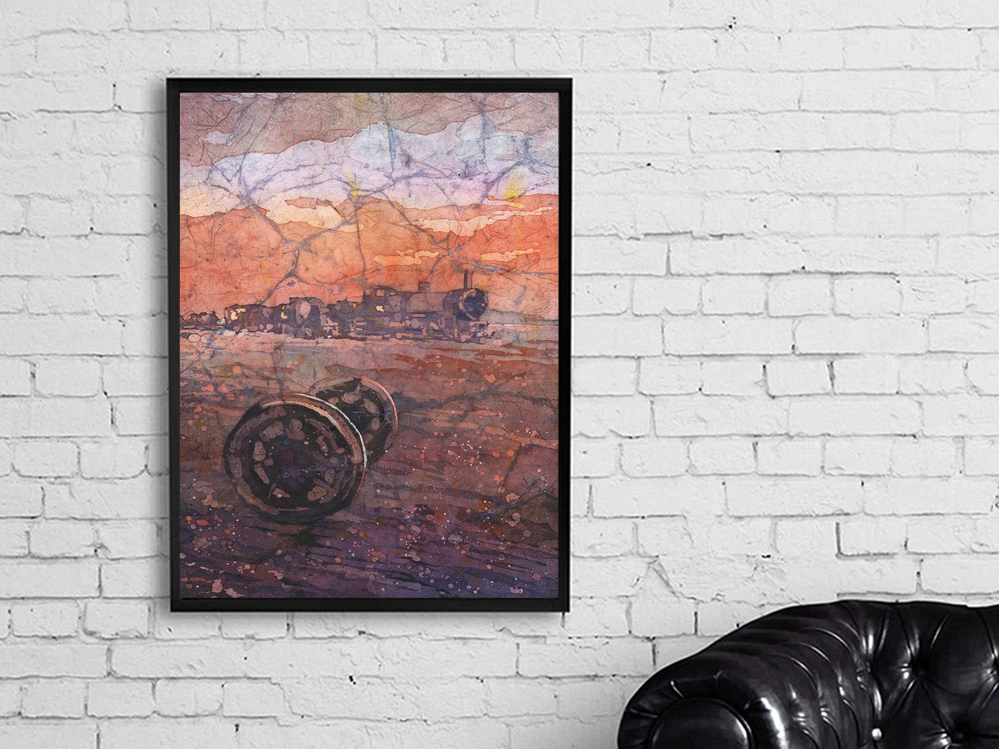 Train Cemetery in the Salar de Uyuni, Bolivia. Train artwork Cemeterio de Trenes. Train artwork watercolor batik painting Bolivia orange