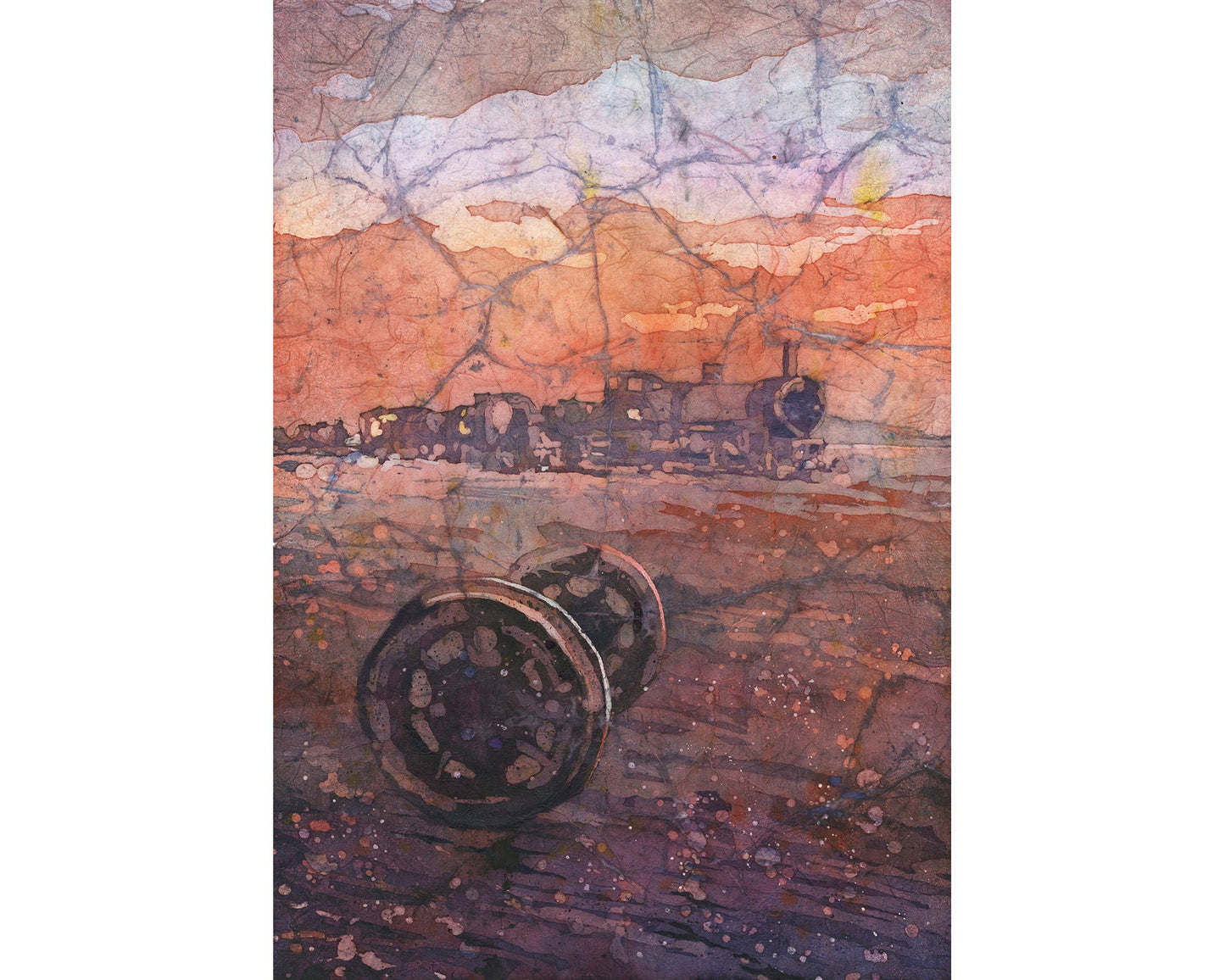 Train Cemetery in the Salar de Uyuni, Bolivia. Train artwork Cemeterio de Trenes. Train artwork watercolor batik painting Bolivia orange