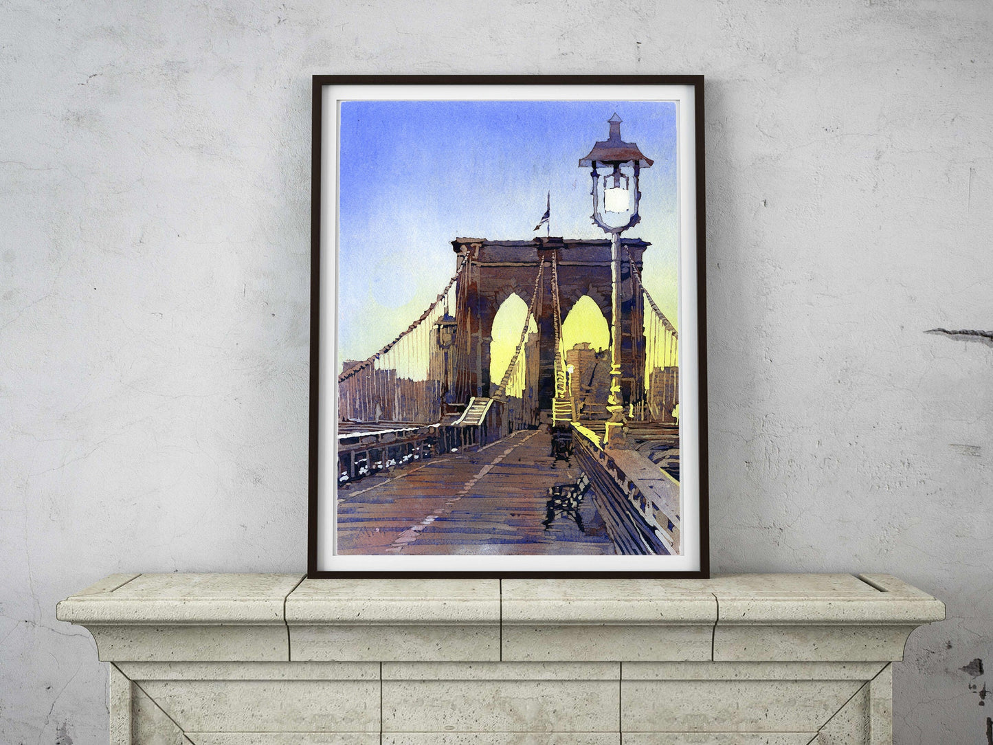 Hand-painted watercolor artwork of the Manhattan skyline and Brooklyn Bridge in New York—great addition to city-inspired interiors.