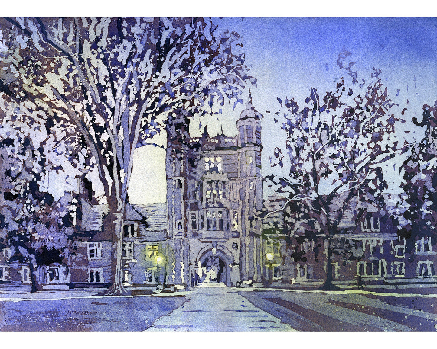Colorful watercolor painting of the University of Michigan Law Library in Ann Arbor.