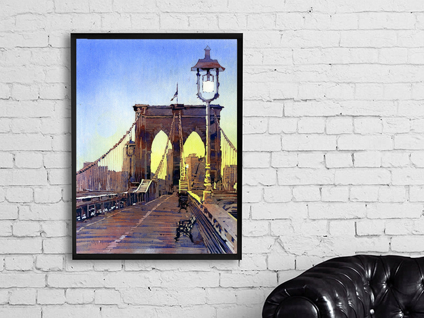Twilight scene of NYC skyline captured in watercolor with the Brooklyn Bridge arching gracefully in the foreground—ideal wall decor.