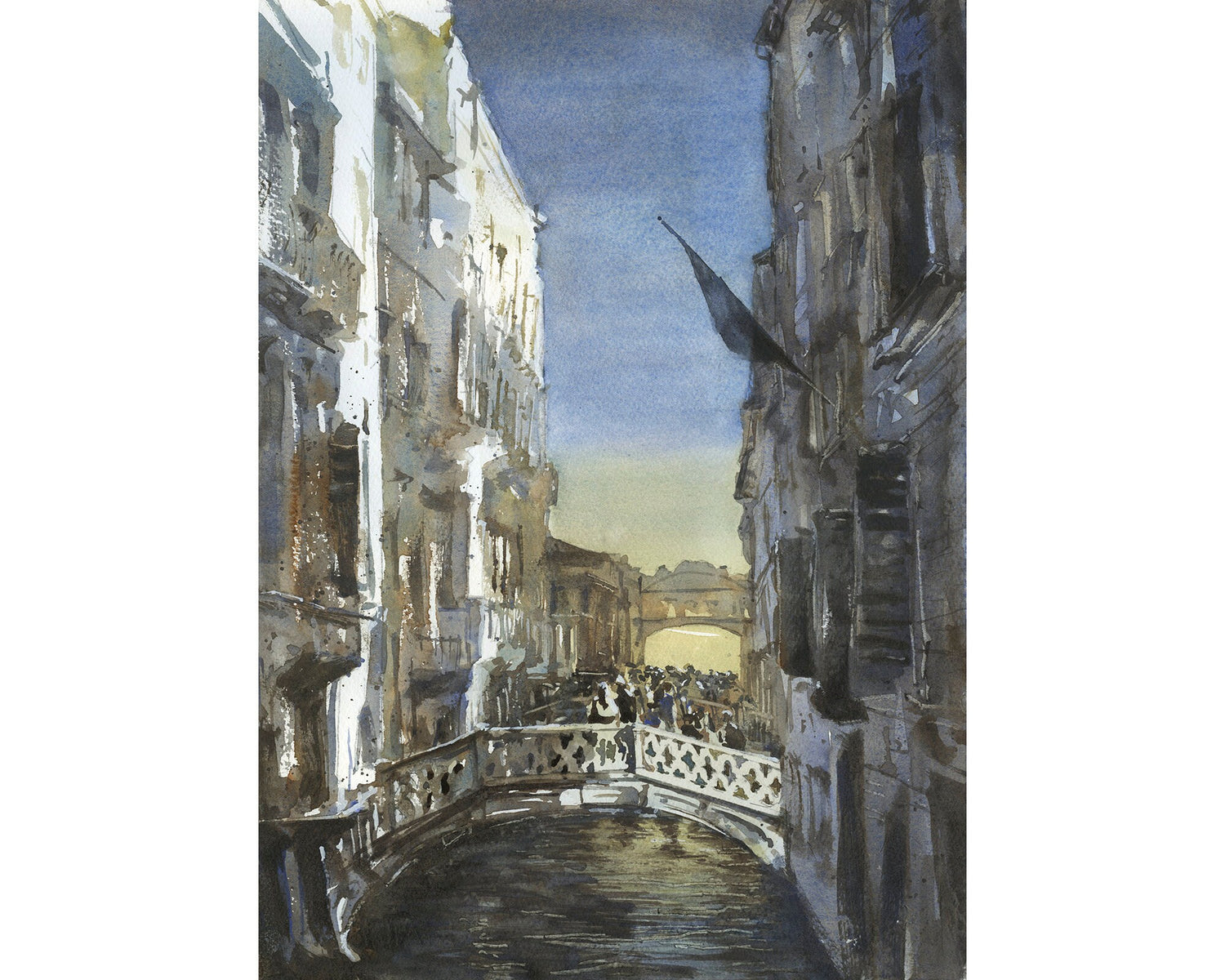 Colorful watercolor painting of the Bridge of Sighs in Venice, Italy with gondola beneath.