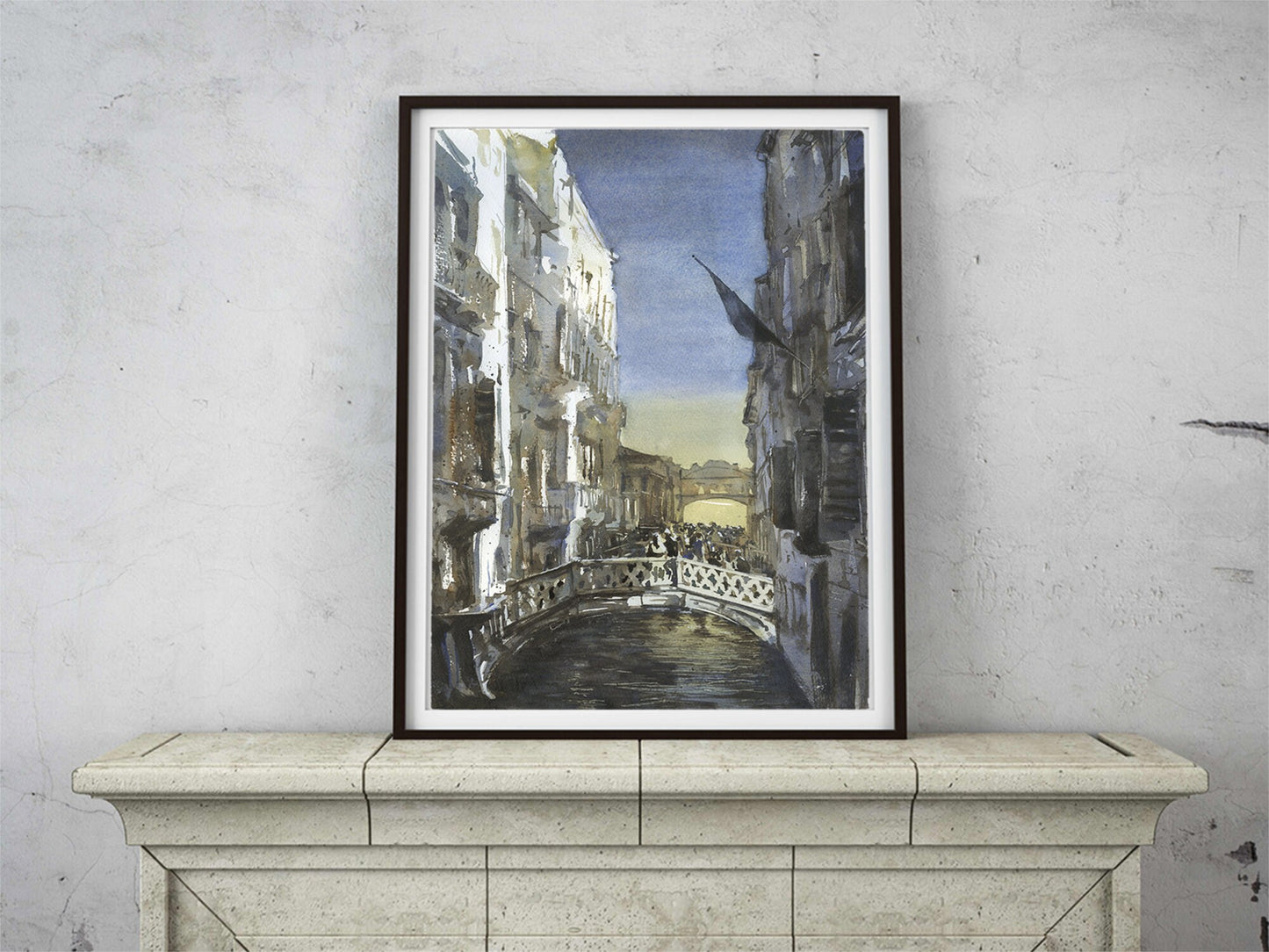 Vibrant Venice watercolor featuring the iconic Bridge of Sighs and historic skyline.