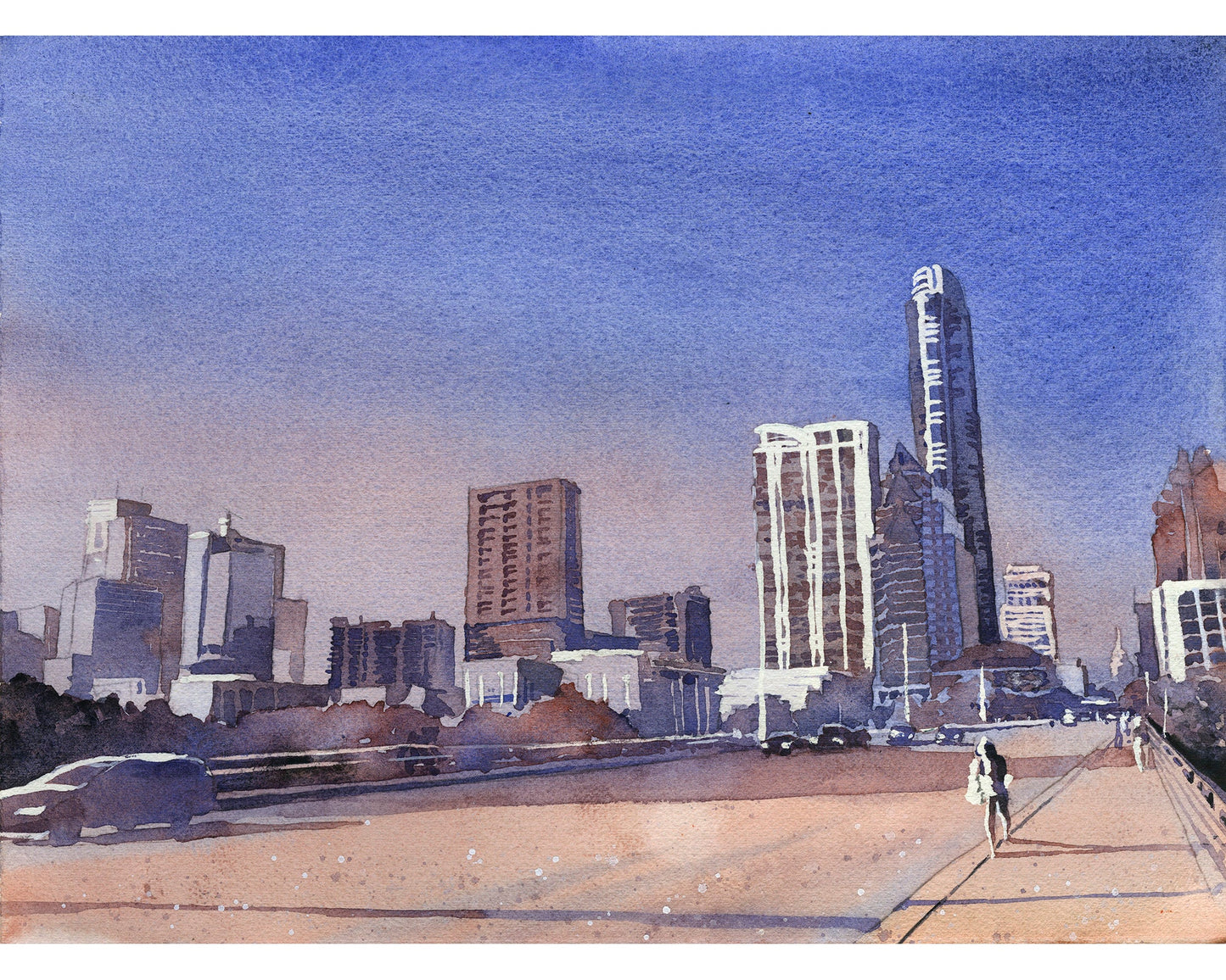 Watercolor painting of the Austin, TX skyline with the Texas State Capitol in the distance and a blue-toned landscape—perfect cityscape wall art for home or office.