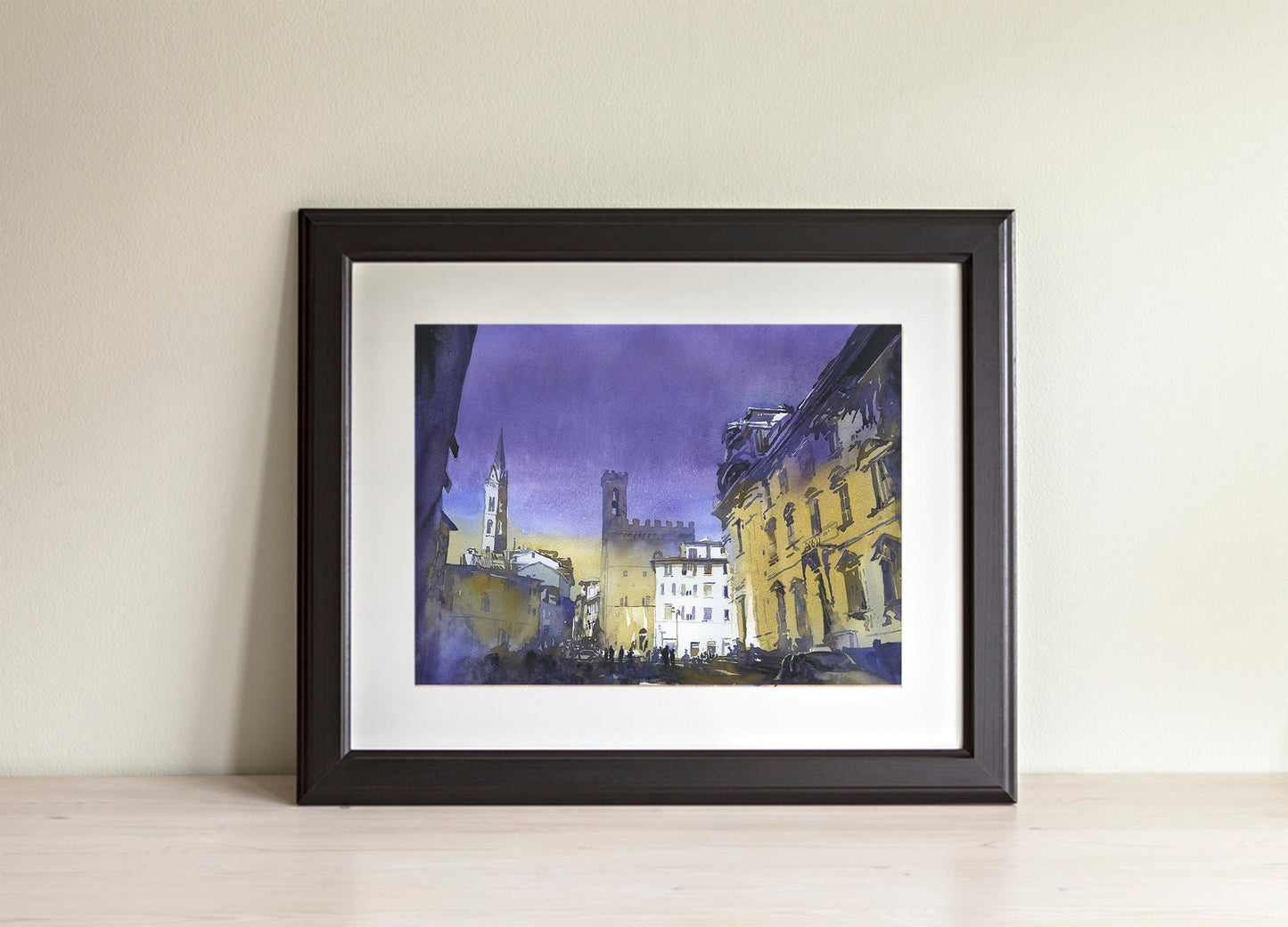 Florence cityscape- Bargello Museum during day. Watercolor painting Florence Italy cityscape fine art Italy Tuscany purple yellow artwork (print)