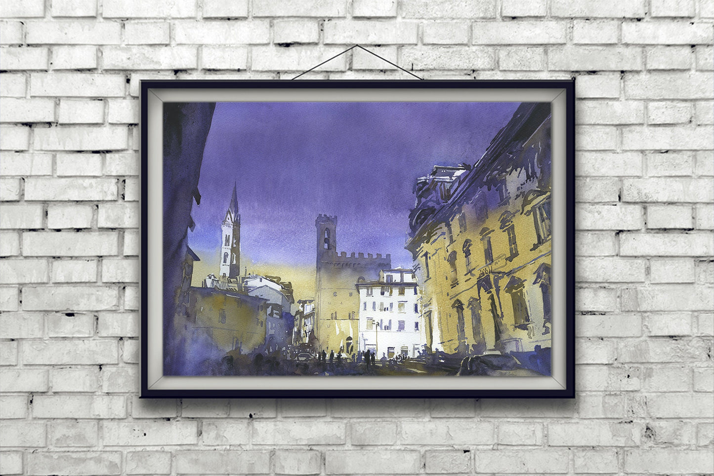 Florence cityscape- Bargello Museum during day. Watercolor painting Florence Italy cityscape fine art Italy Tuscany purple yellow artwork (print)