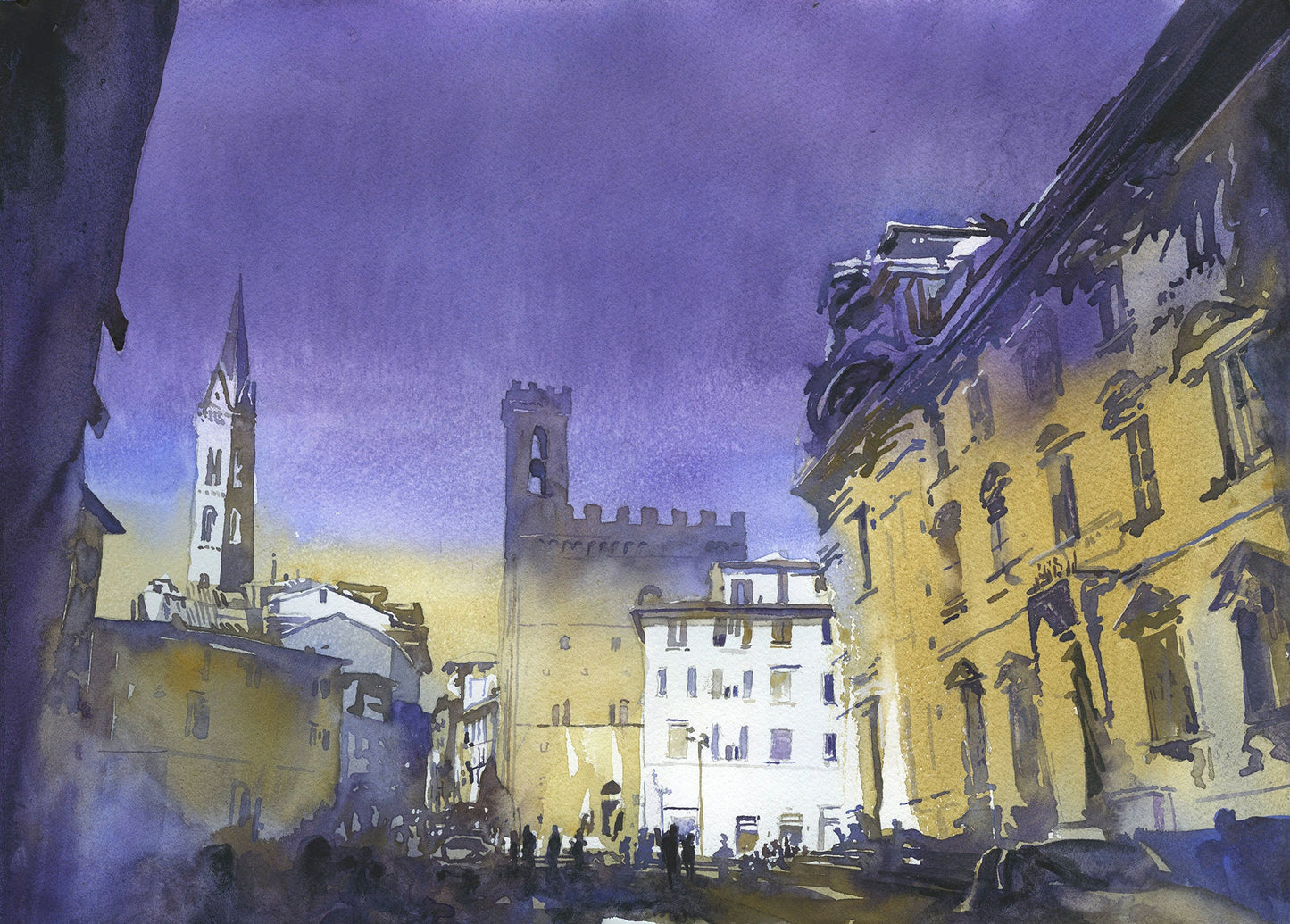 Florence cityscape- Bargello Museum during day. Watercolor painting Florence Italy cityscape fine art Italy Tuscany purple yellow artwork (print)