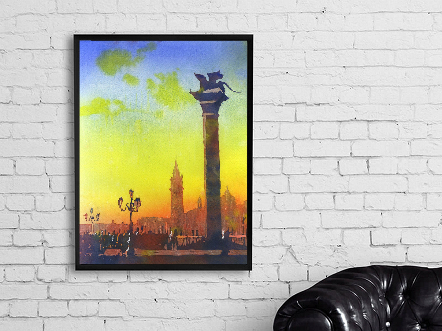 Lion of San Marco statue in Piazza di San Marco at dawn-Venice, Italy. Watercolor painting Venice skyline artwork colorful watercolor Venice (print)