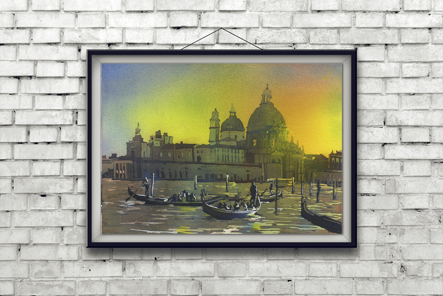 Venecia Italia gondolero y la iglesia de Santa Maria della Salute iluminada por la luna en la ciudad medieval de Venecia, Italia. Pintura watecolor Venecia Italia (impresión)