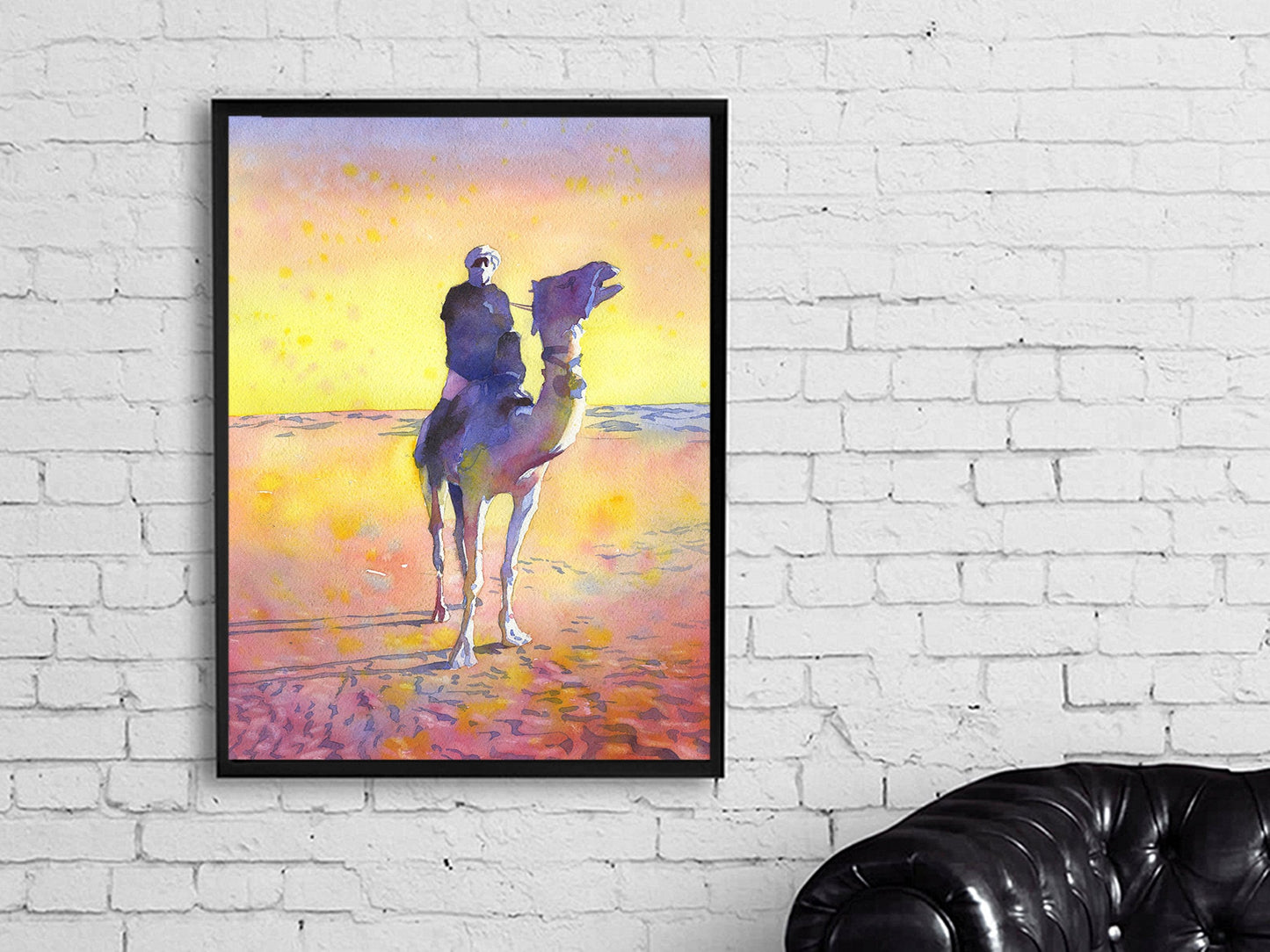 Beduinos en camello en el desierto del Sahara, Tozeur, Túnez. Obras de arte del desierto Hombre beduino pintando arte colorido Túnez Desierto del Sahara (impresión)