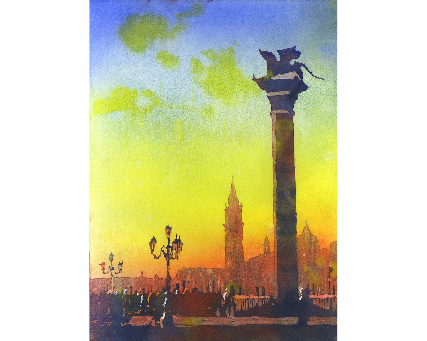 Lion of San Marco statue in Piazza di San Marco at dawn-Venice, Italy. Watercolor painting Venice skyline artwork colorful watercolor Venice (print)