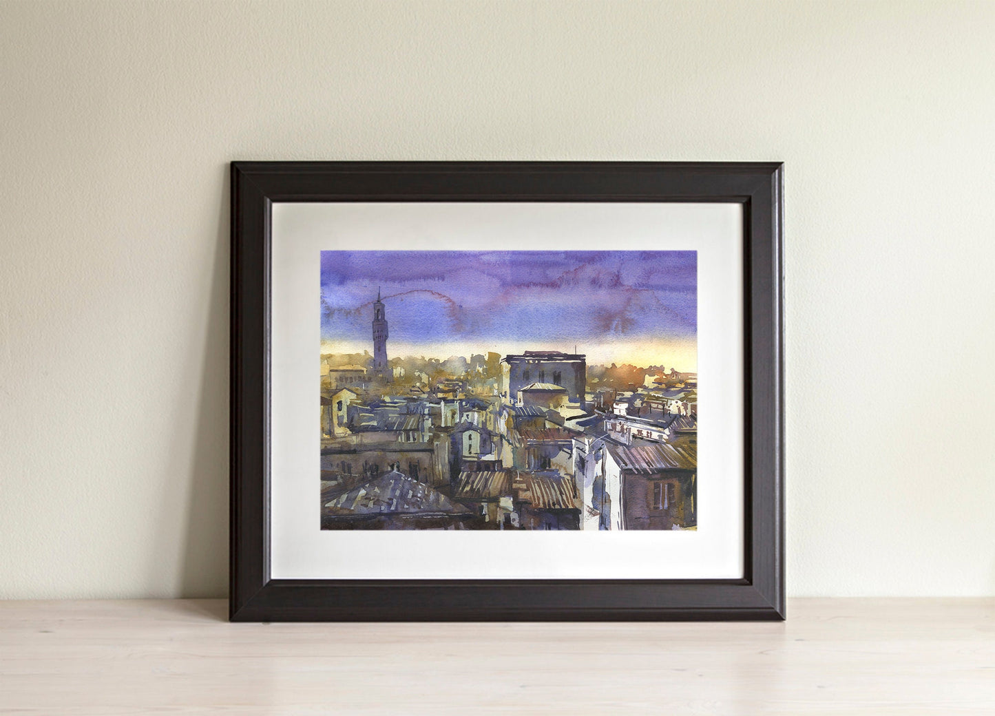 Palazzo Vecchio and skyline of Florence, Italy at sunset. Watercolor painting Florence artwork fine art painting Italy (print)
