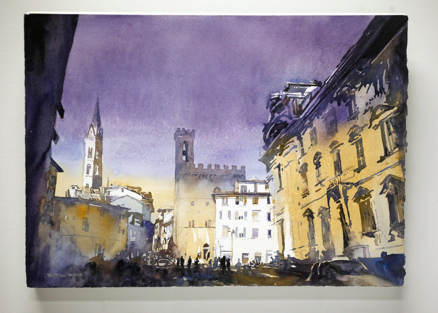 Florence cityscape- Bargello Museum during day. Watercolor painting Florence Italy cityscape fine art Italy Tuscany purple yellow artwork (original)