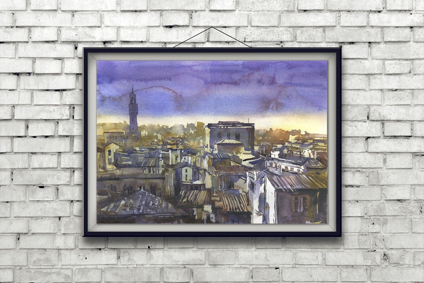 Palazzo Vecchio and skyline of Florence, Italy at sunset. Watercolor painting Florence artwork fine art painting Italy (print)