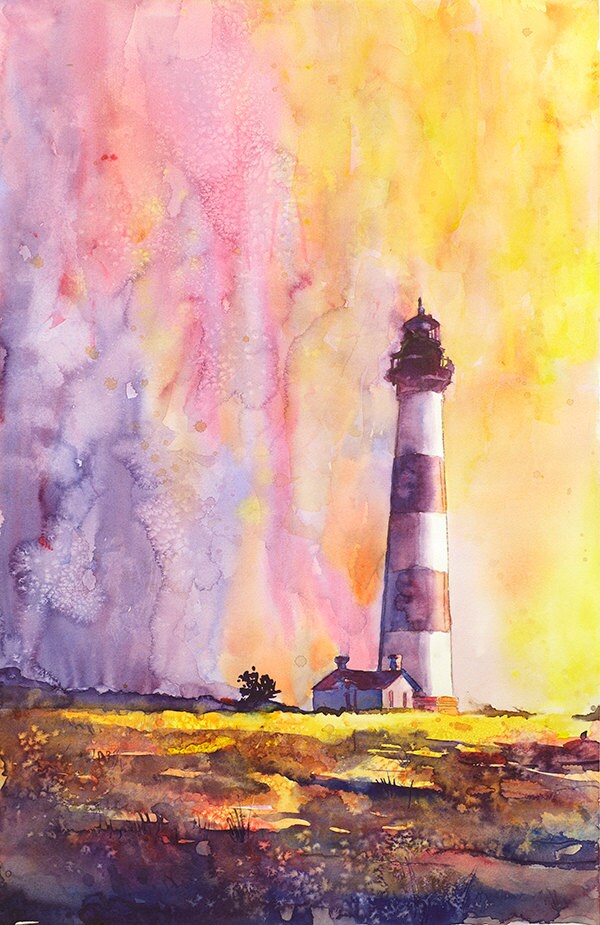 Faro de Bodie Island al atardecer en la costa de Carolina del Norte: pintura de acuarela de bellas artes. Impresión de arte giclee, pintura de acuarela arte del faro (impresión)