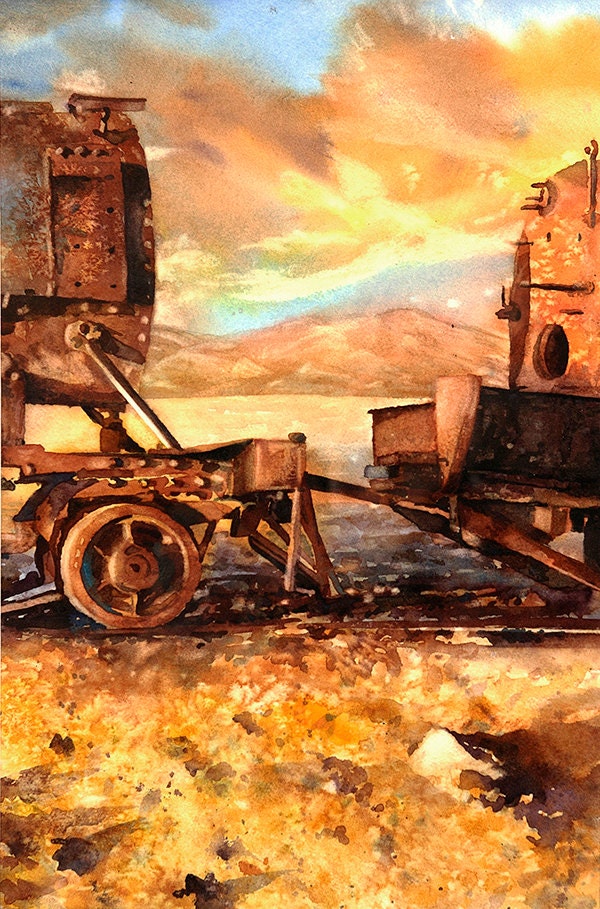 Trenes en el Cementerio del Salar de Uyuni- Bolivia. Tren de arte acuarela paisaje Bolivia pintura impresión de bellas artes. Arte del tren. pintura de trenes