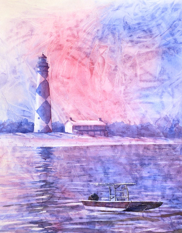 Pintura de acuarela del faro de Cape Lookout en los bancos exteriores (OBX) de Carolina del Norte. Arte del faro. Acuarela del faro (impresión)