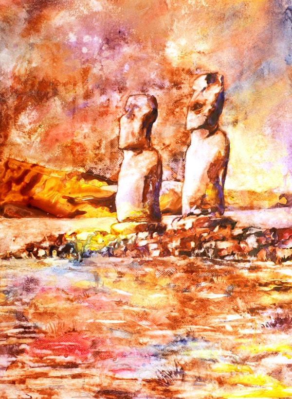 Watercolor painting of iconic Moai stone statues under a vivid sky, created by Ryan Fox—ideal for interior design, travel lovers, and global decor themes.