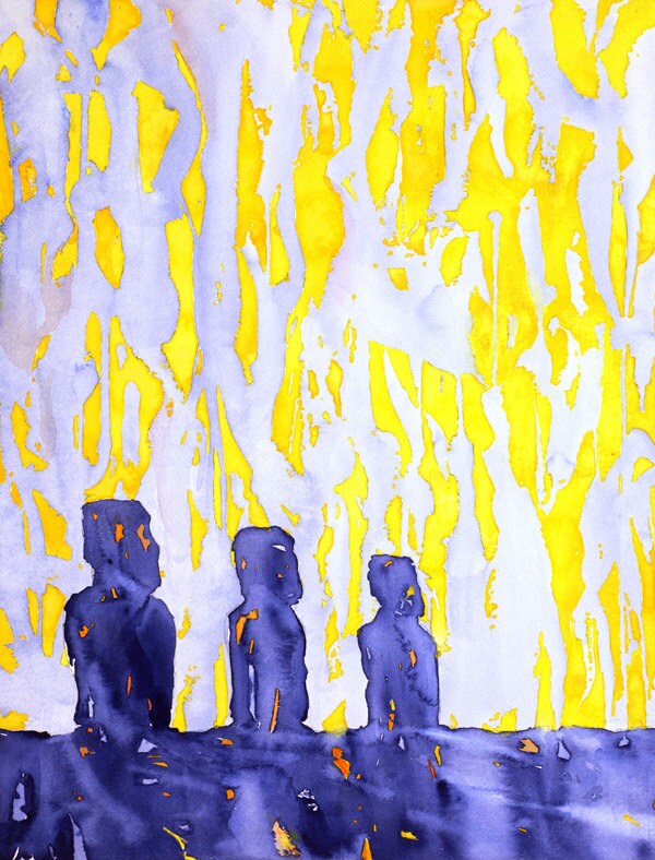 Easter Island Moai fine art print in watercolor, with deep color contrast and historical presence—ideal gift for her or for global art lovers.