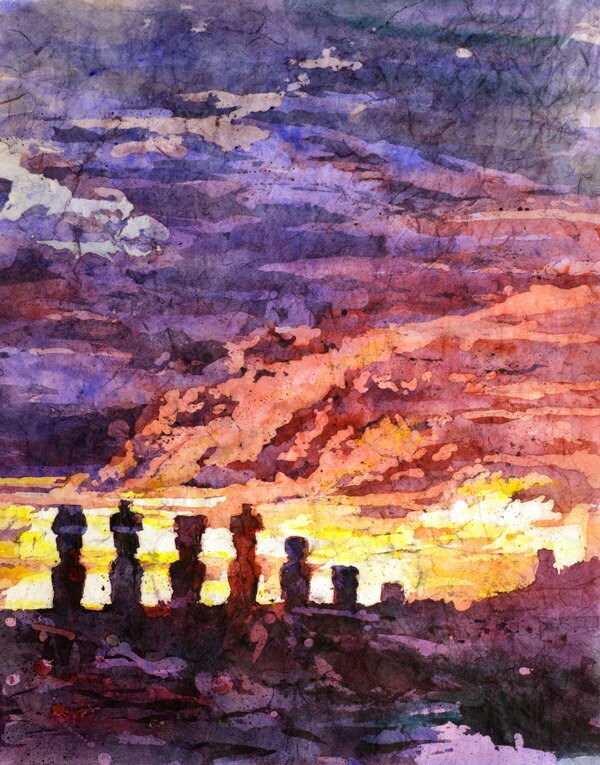 Watercolor painting of a colorful sunset landscape with Moai statues—perfect for travel enthusiasts looking to decorate with global art prints.