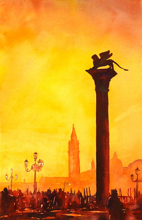 Beautiful watercolor artwork of Venice’s St. Mark’s Square with the lion statue in golden dawn light.
