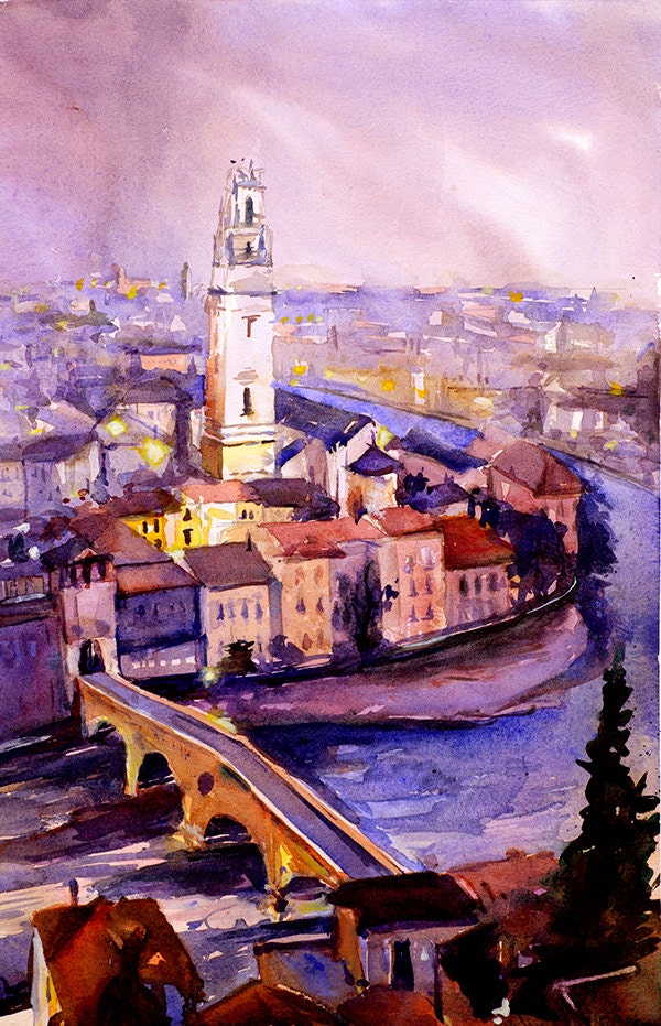 Verona, Italia vista aérea pintura de bellas artes. Pintura acuarela de la torre del Duomo de Verona. Pintura de acuarela Italia (impresión)