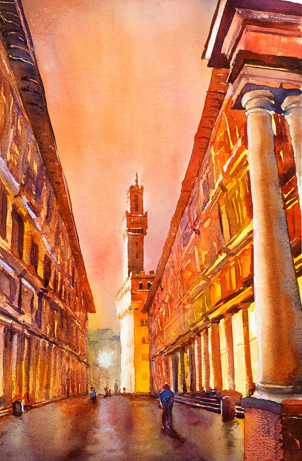 Uffizi Gallery at dawn in the medieval city of Florence, Italy at sunrise. Watercolor painting of Uffizi gallery. Watercolor art Florence