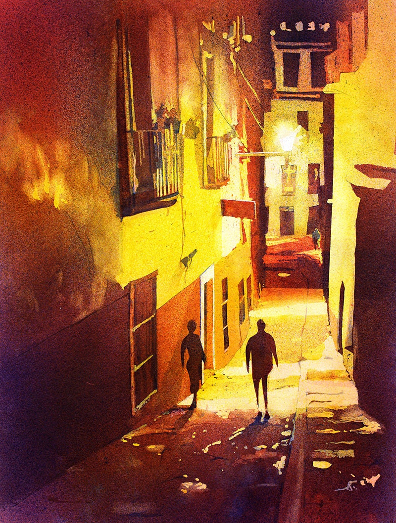 Painting Guanajuato in rich twilight hues, showing a lantern-lit alley with colonial architecture—perfect for fine art collectors and global gift ideas.