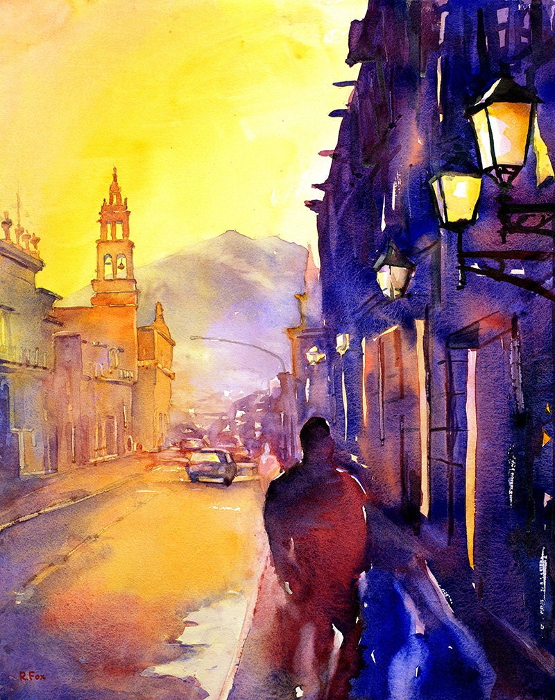 Charming street scene in Morelia, Mexico, painted in soft watercolor tones with colonial-era church—perfect for interior design or meaningful gifts.