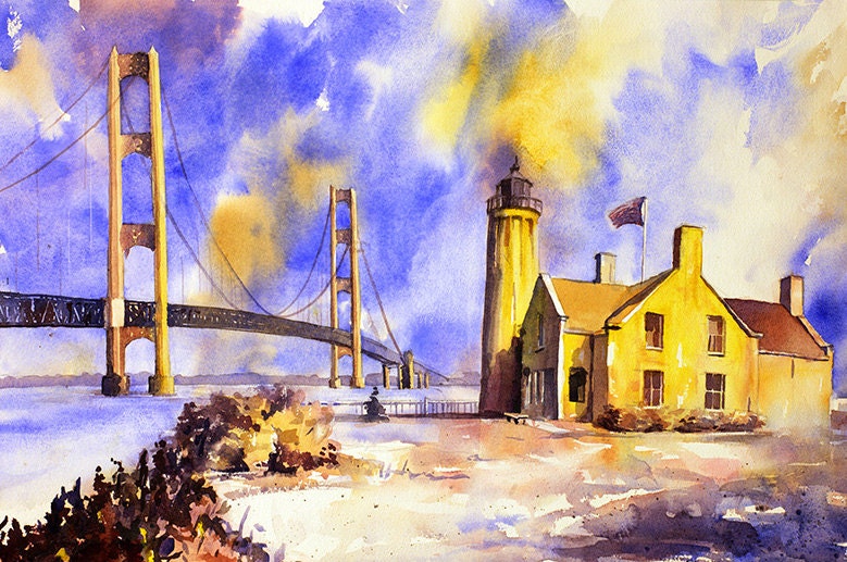 Puente y faro de Mackinac, MI, arte del faro, pintura del faro de acuarela Puente de Mackinac Michigan pintura acuarela (impresión)