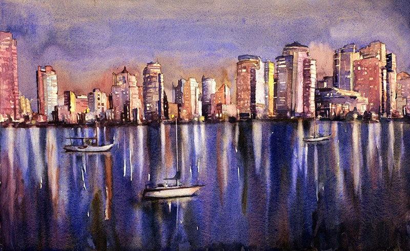 Horizonte de Vancouver por la noche, Canadá. Pintura original en acuarela de barcos en Vancouver, BC. Skyline Vancouver BC barco arte acuarela arte