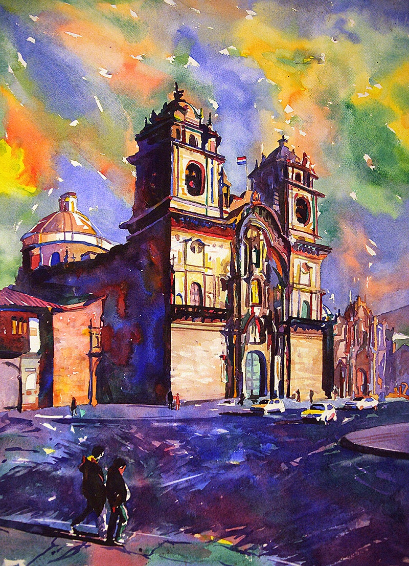 Stunning Cusco watercolor fine art (original artwork) of the Church on Plaza de Armas, great for gallery walls, living room displays, or world-traveler gifts.