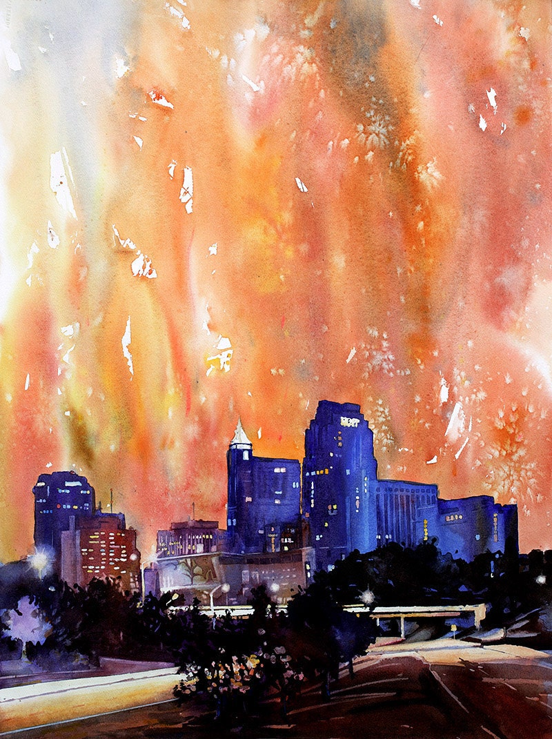 Raleigh, NC downtown skyscrapers silhouetted at sunset- fine art watercolor painting. Raleigh painting, Raleigh skyline watercolor (print)