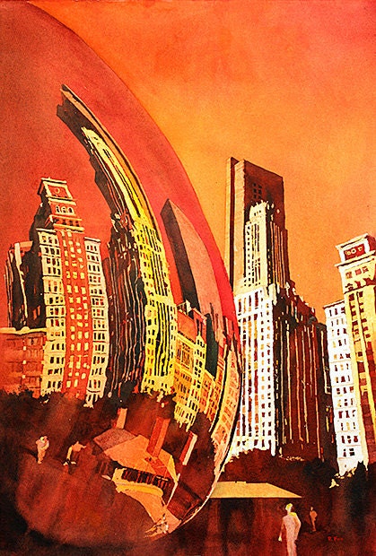 Fine art watercolor painting of skyscrapers and reflections in Cloud Gate (Chicago Bean) statue in Millennium Park in downtown Chicago, ILL at dusk.
