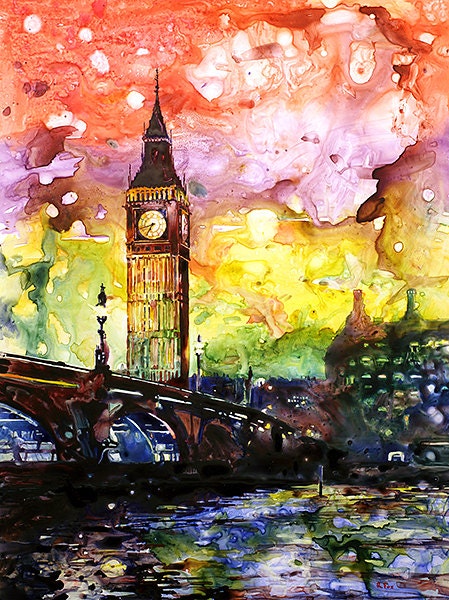 Pintura del Big Ben recortada en la ciudad de Londres, Inglaterra. Cuadro del Gran Ben. Acuarela del Gran Ben. Paisaje de acuarela de arte de Londres (impresión)
